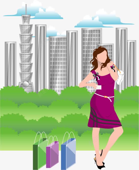 时尚女性插画png免抠素材_新图网 https://ixintu.com AI矢量素材 免费PNG 城市街景 女性 建筑 时尚 绿树 购物袋