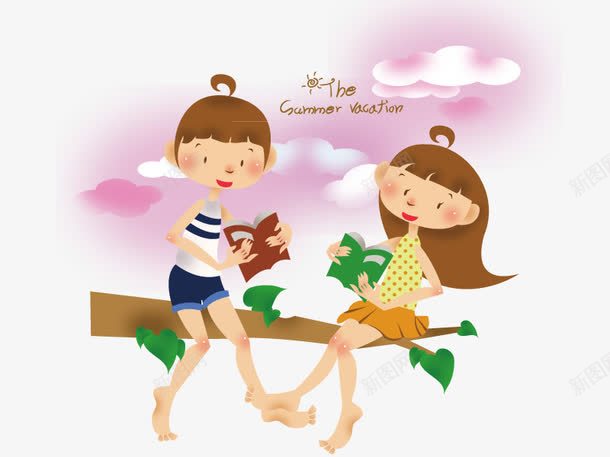 手绘png免抠素材_新图网 https://ixintu.com 坐在树枝上的两个小孩 手绘两个小孩的插画 拿书的小孩