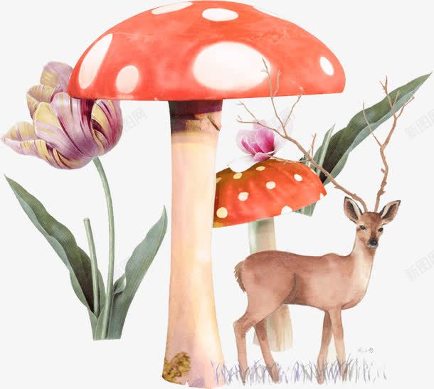 蘑菇树下的梅花鹿png免抠素材_新图网 https://ixintu.com 梅花鹿 花 草 蘑菇