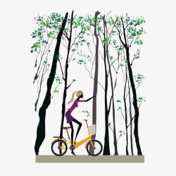树林里的女孩在树林里骑自行车车的女孩高清图片