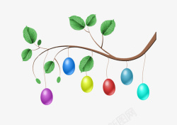 绘制绿叶树枝上挂满彩蛋素材