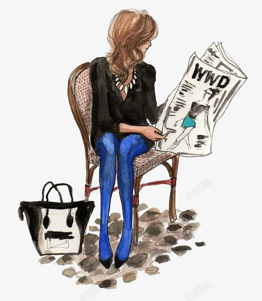 看报的女人png免抠素材_新图网 https://ixintu.com 凳子 悠闲 手绘 报纸 看报