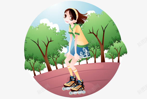 卡通手绘溜冰女孩跑道树木矢量图ai免抠素材_新图网 https://ixintu.com 卡通的人物 手绘的女孩 溜冰的女孩 矢量的树木 红色的跑道 矢量图