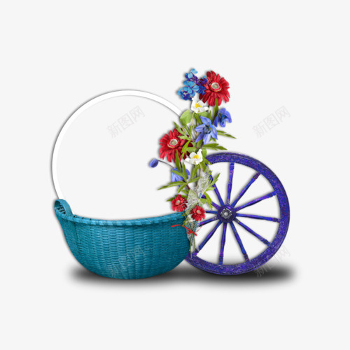 蓝色篮子和车轮png免抠素材_新图网 https://ixintu.com 篮子 花卉 蓝色篮子装饰图案 车轮