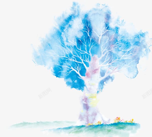 蓝色手绘树木png免抠素材_新图网 https://ixintu.com 小花 树木 植物 草地 蓝色手绘树