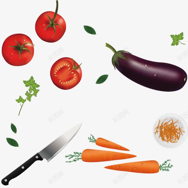 蔬菜png免抠素材_新图网 https://ixintu.com 健康饮食 刀 番茄 胡萝卜 茄子 蔬菜 西红柿 食物