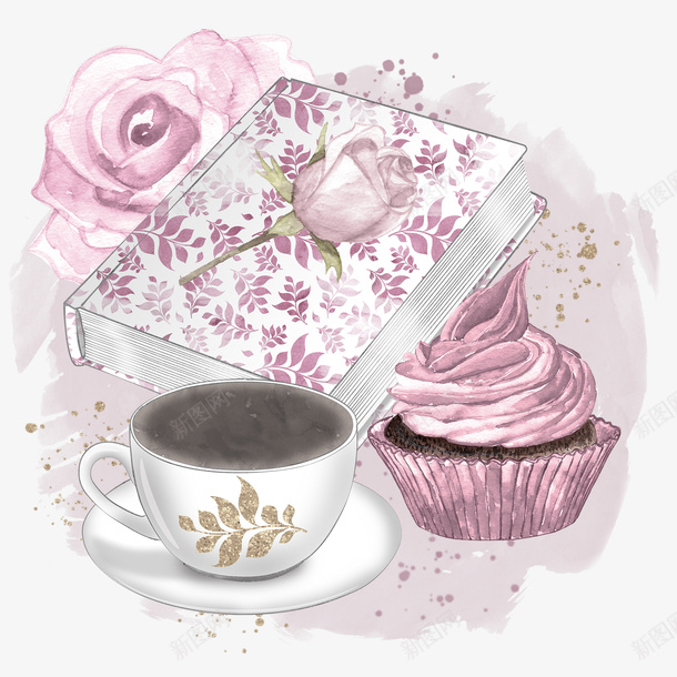 书籍和蛋糕png免抠素材_新图网 https://ixintu.com png图形 png装饰 书籍 咖啡杯 玫瑰花 蛋糕 装饰