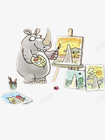 河马在画画png免抠素材_新图网 https://ixintu.com 动物 油彩 画板 画纸