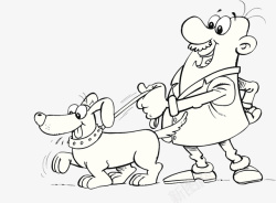 黑白单线插图牵着狗的男人素材