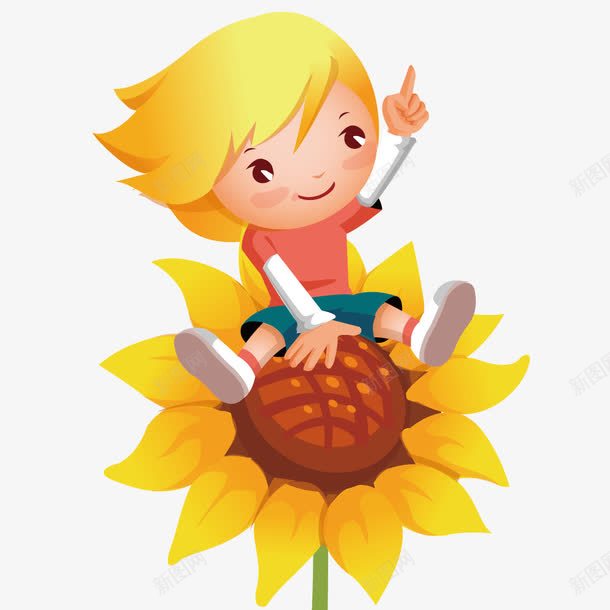 坐在向日葵上的男孩png免抠素材_新图网 https://ixintu.com 创意 卡通 向日葵 手绘 插画 男孩 花朵