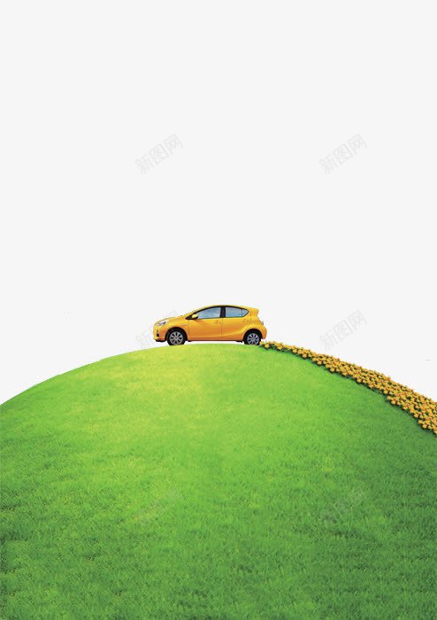 车png免抠素材_新图网 https://ixintu.com 一片花朵 创意车 绿色山坡 花朵尾气 车车 黄色