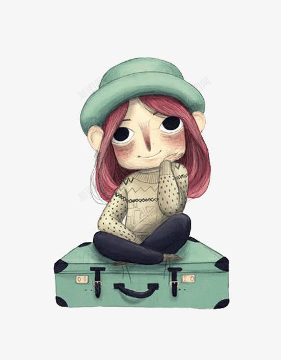 坐在行李箱的女孩png免抠素材_新图网 https://ixintu.com 坐着 思考 盘腿 行李箱