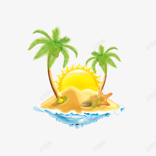 沙滩上的椰子树png免抠素材_新图网 https://ixintu.com 卡通 卡通椰子树 太阳 椰子树 沙滩
