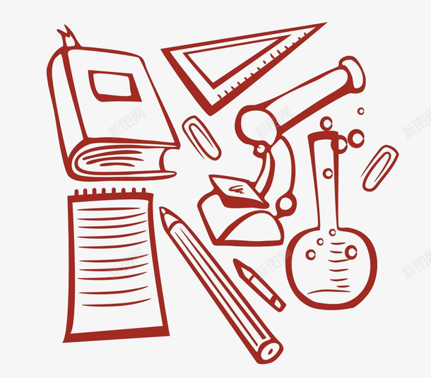 学习用品png免抠素材_新图网 https://ixintu.com 书本 卡通 学习用品 显微镜 简图 红色的 线条 铅笔
