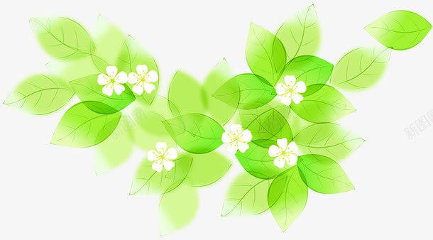 绿色卡通唯美树叶手绘白色花朵png免抠素材_新图网 https://ixintu.com 卡通 树叶 白色 绿色 花朵