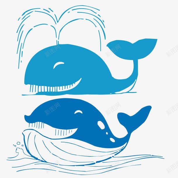 喷水的鲸鱼png免抠素材_新图网 https://ixintu.com 两只 卡通 可爱 喷水 手绘 水状 蓝色的 鲸鱼