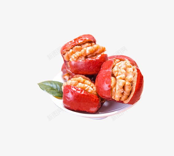 核桃糖葫芦png免抠素材_新图网 https://ixintu.com 大枣 树叶 核桃 白色 盘子 红色 绿色 食物