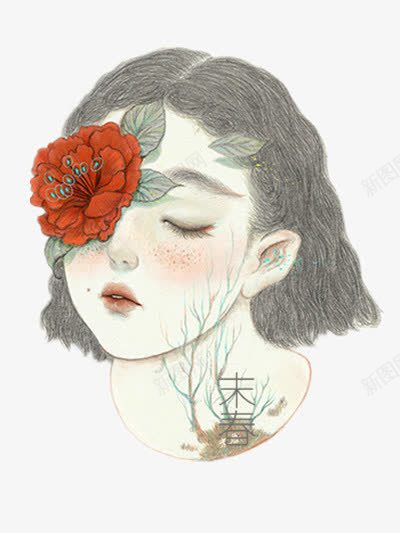 手绘女孩png免抠素材_新图网 https://ixintu.com 手绘插画 短发女孩 红色花朵