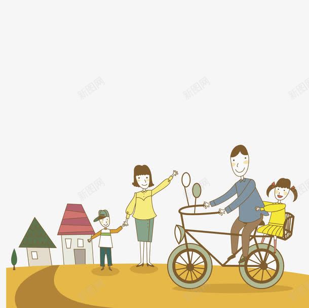 外出的一家人png免抠素材_新图网 https://ixintu.com 单车 卡通 外出 家人 微笑 手牵手 手绘 父女