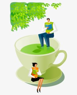 翠绿树叶读书男女人物茶杯矢量图素材