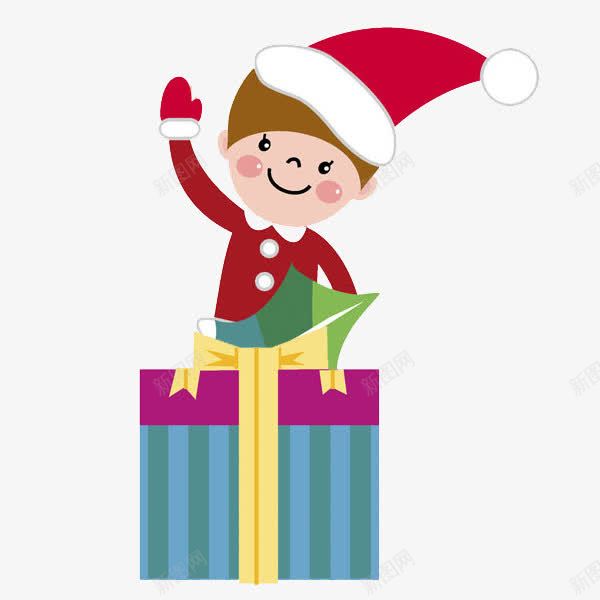 卡通坐着礼物上的男孩png免抠素材_新图网 https://ixintu.com 圣诞帽 圣诞节 挥手的 插图 男孩 礼物 高兴地