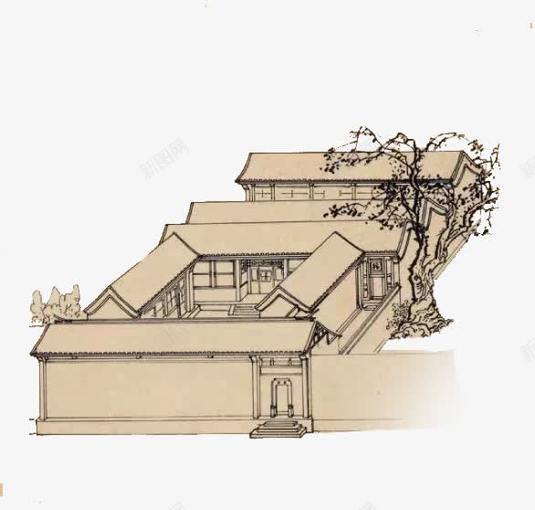 正面四合院png免抠素材_新图网 https://ixintu.com 四合院 树 正面 水墨北京