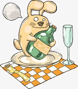 卡通铅笔画兔子与酒素材