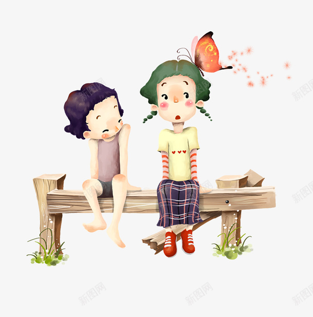 坐在木凳上的小情侣psd免抠素材_新图网 https://ixintu.com 卡通人物 小情侣 蝴蝶