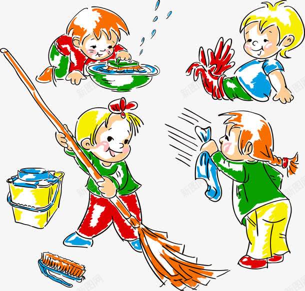打扫清洁png免抠素材_新图网 https://ixintu.com 大扫除 小朋友 手绘 打扫 扫地 清洁