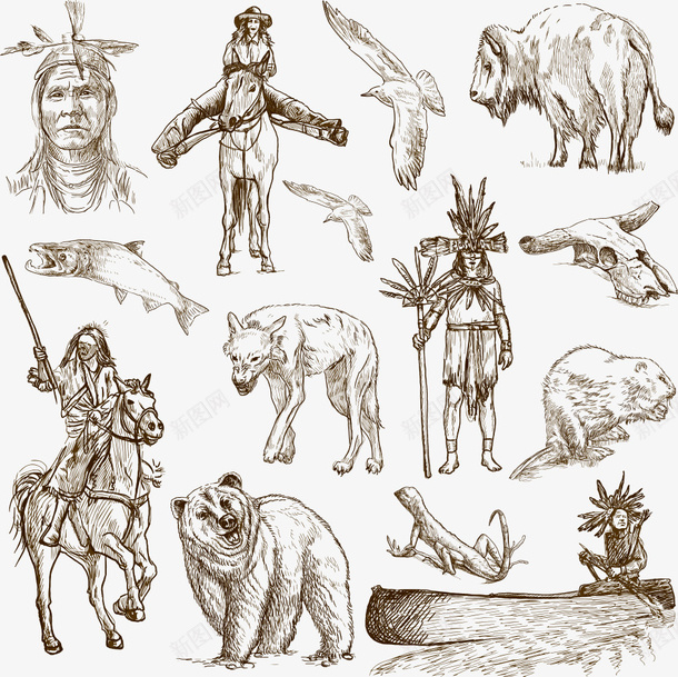 印第安人与动物png免抠素材_新图网 https://ixintu.com 人物 动物 卡通人物 卡通矢量人物 印第安人 手绘动物 矢量人物