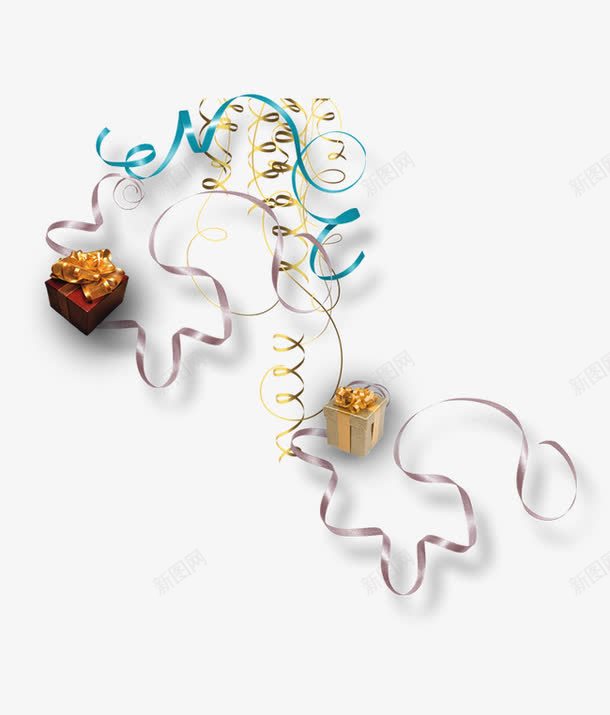 礼物装饰物png免抠素材_新图网 https://ixintu.com 彩带 漂浮 礼物 装饰 金色