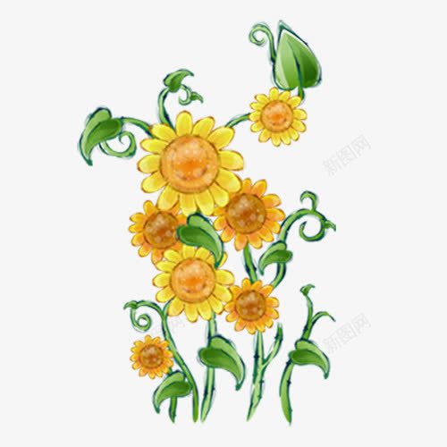 黄色向日葵绿色枝条png免抠素材_新图网 https://ixintu.com 免扣 手绘风 花朵 花朵元素 黄色向日葵