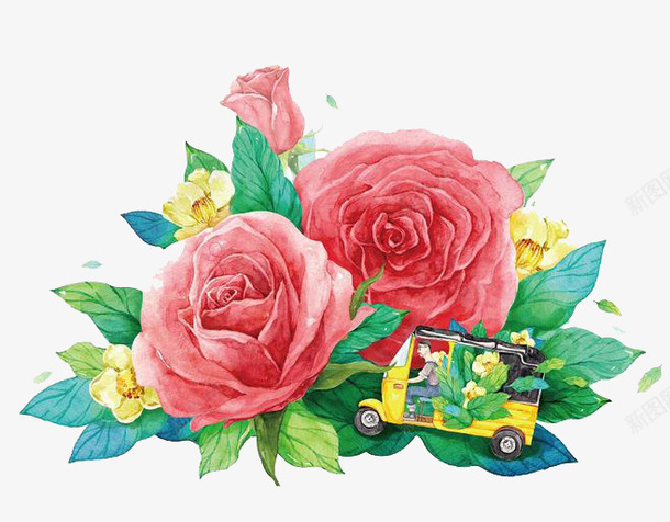 粉色鲜花png免抠素材_新图网 https://ixintu.com 卡通 彩色 手绘 水彩 粉色 绿叶 装饰 鲜花