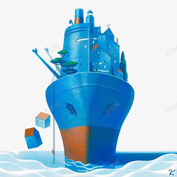 创意手绘蓝色轮船png免抠素材_新图网 https://ixintu.com 创意手工 创意设计 卡通设计 可爱玩偶