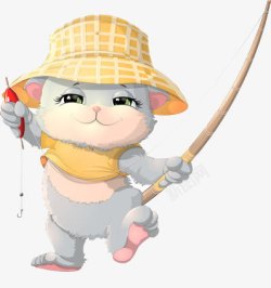快乐钓鱼戴着帽子猫快乐的钓鱼高清图片
