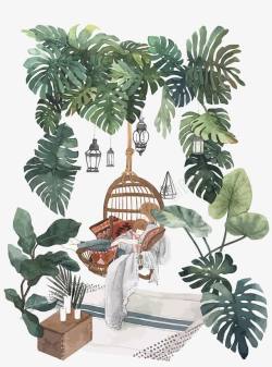 鸟笼免费素材水彩手绘植物高清图片