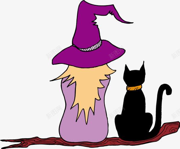 卡通紫色巫女黑猫png免抠素材_新图网 https://ixintu.com 巫女 树枝 紫色 黑猫