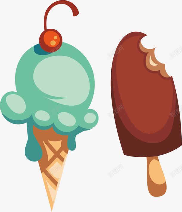 夏日冷饮冰激凌png免抠素材_新图网 https://ixintu.com 巧克力冰棒 巧克力脆皮 矢量素材 绿色冰激凌 蛋筒