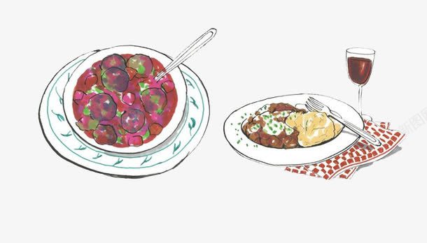 卡通中餐食物png免抠素材_新图网 https://ixintu.com 中餐 勺子 卡通 叉子 土豆 插画 绘画 茄子 蔬菜 食物 餐布