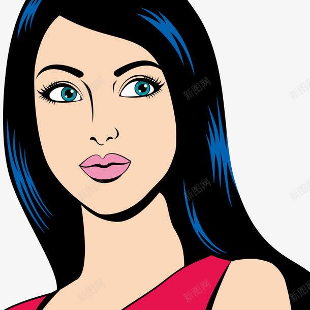 美女头像png免抠素材_新图网 https://ixintu.com 卡通 头发 手绘 直发 红色的 美女 蓝色的 衣服