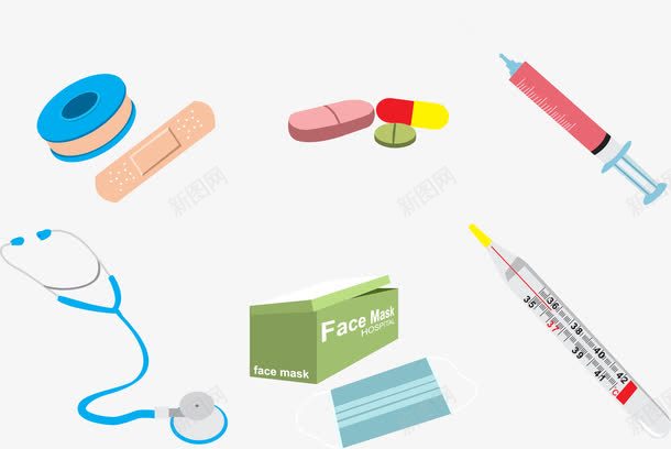 医疗用品png免抠素材_新图网 https://ixintu.com 听诊器 温度计 药品 针筒