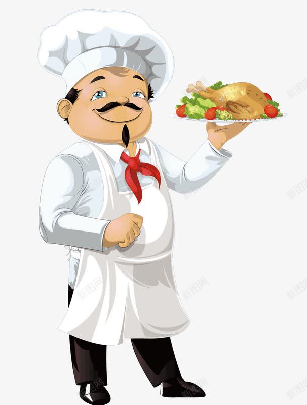一个托着烧鸡的厨师png免抠素材_新图网 https://ixintu.com 烧鸡 白衣服的厨师 红色领巾 绿色 蔬菜 食品