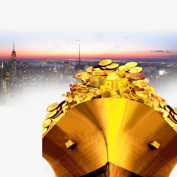 金色船只城市背景png免抠素材_新图网 https://ixintu.com 城市背景 装饰图案 金币 金色船