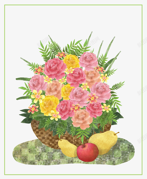 鲜花和水果手绘插画png免抠素材_新图网 https://ixintu.com 春天 植物 水果 澳洲青苹果 花 花卉 苹果 鲜花和水果手绘插画