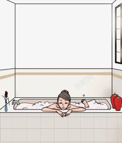 手绘女孩浴缸泡澡素材