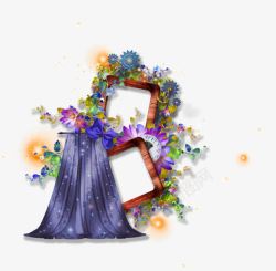 蓝色清新镜子花朵装饰图案素材