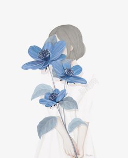 蓝色花朵人物害羞素材