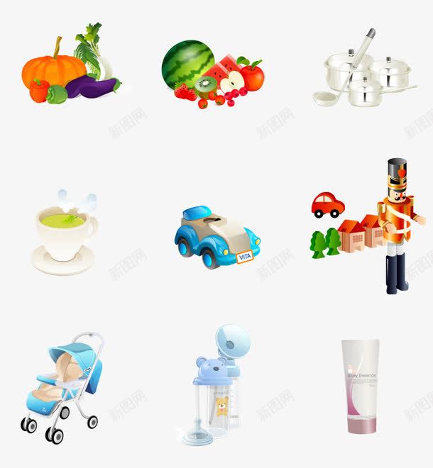 儿童用品和水果图标png_新图网 https://ixintu.com 图标 推车 水杯 水果 汽车