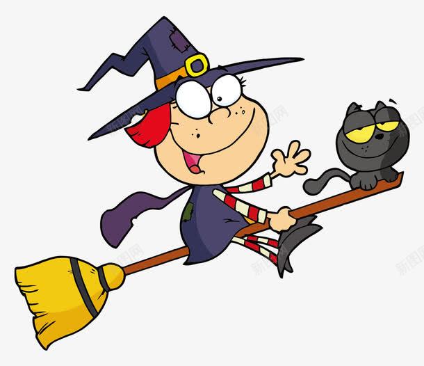 卡通手绘女巫扫帚猫png免抠素材_新图网 https://ixintu.com 卡通的人物 手绘的女巫 骑扫帚的女巫 黑色的猫