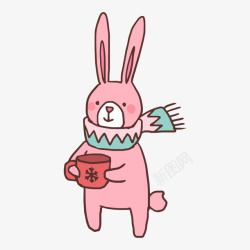 冬天里的小动物冬天里喝热饮的粉色兔子高清图片